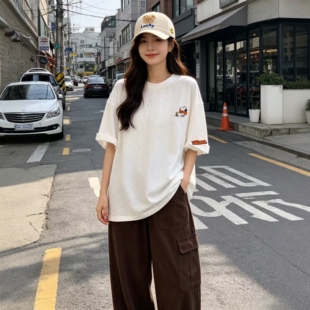 皇冠2026夏季刺绣卡通史努比宽松中长款竹节棉时髦大版短袖T恤女