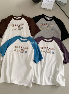 RARA STYLE2026夏季韩版拼色插肩袖卡通印花宽松百搭圆领短袖T恤
