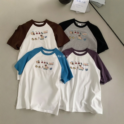 RARA STYLE2026夏季韩版拼色插肩袖卡通印花宽松百搭圆领短袖T恤