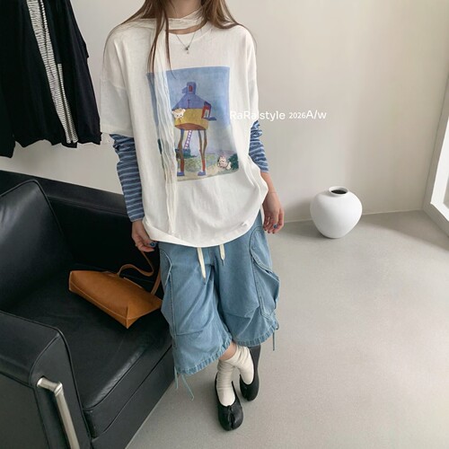 RARA STYLE2026秋季韩版水彩高脚小屋印花假两件套圆领长袖T恤女