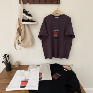 慵懒随性全棉短袖 皇冠2026春季 咖啡印花宽松中长款 美式 T恤女 韩版