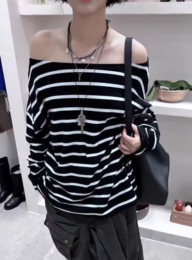 TRUST ME2025秋季韩版时髦百搭一字肩宽松休闲慵懒风条纹长袖T恤