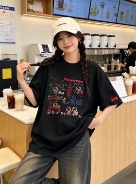 皇冠2026夏季刺绣卡通hello kitty蝴蝶结宽松时髦大版全棉短袖T恤
