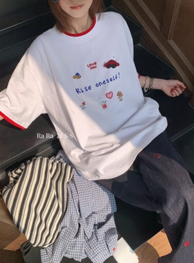 RARA STYLE2026夏季韩版学院风撞色刺绣卡通宽松全棉圆领短袖T恤