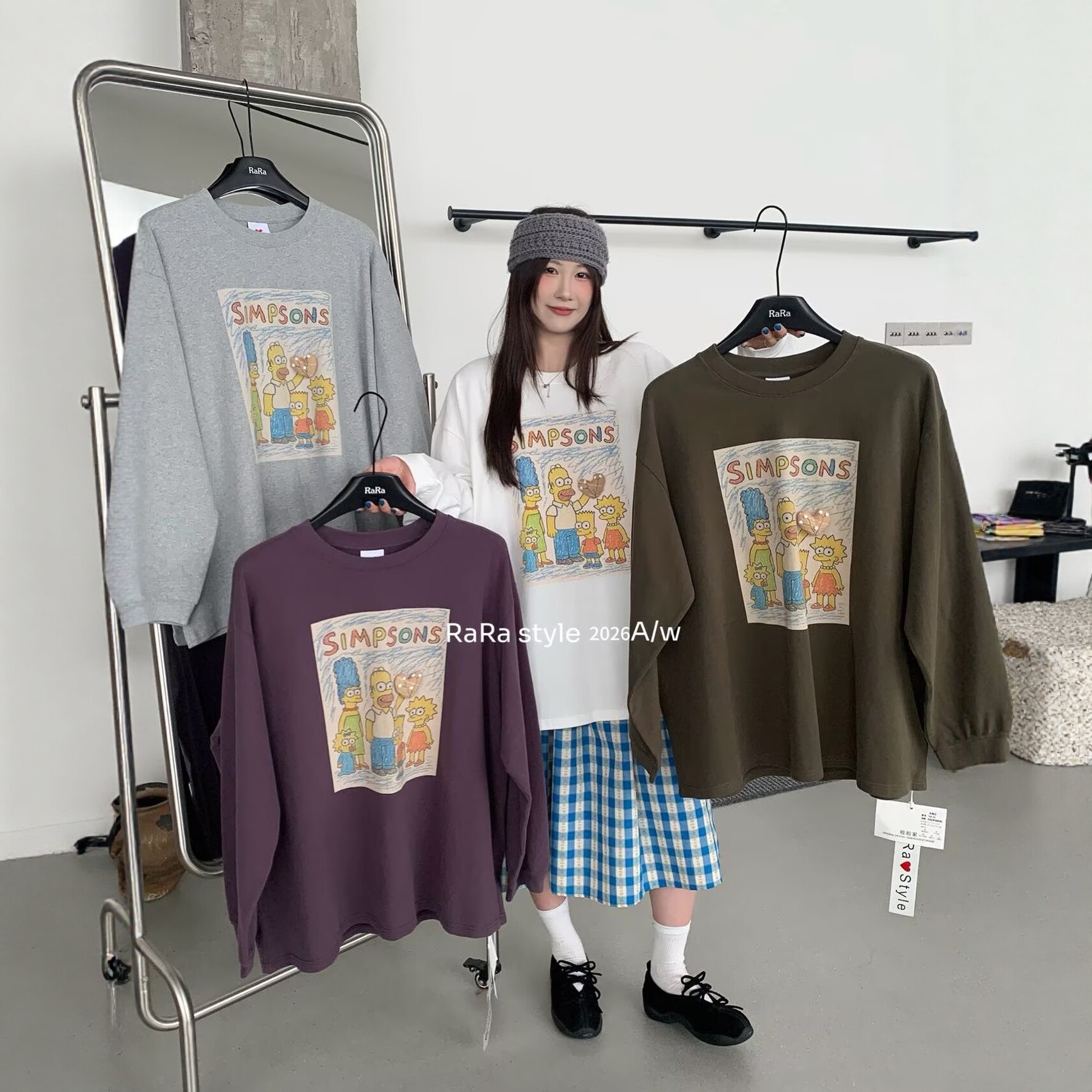 RARA 2026秋冬韩版时髦卡通汤普森印花加厚磨毛宽松圆领长袖T恤女