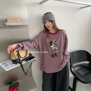 RARA STYLE2026秋冬新款条纹卡通米妮印花宽松大版圆领长袖T恤女