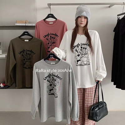 RARA STYLE2026秋冬韩版卡通米妮印花宽松加厚磨毛圆领长袖T恤女