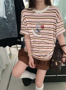 RARA STYLE2026夏季韩版条纹凯蒂猫印花宽松显瘦百搭圆领短袖T恤