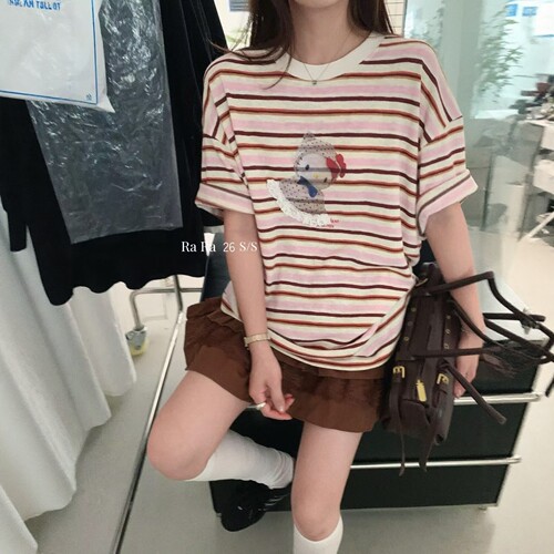 RARA STYLE2026夏季韩版条纹凯蒂猫印花宽松显瘦百搭圆领短袖T恤