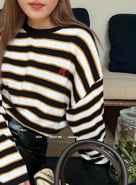 TRUST ME2025秋季韩版刺绣小图案慵懒风宽松显瘦条纹撞色针织衫女