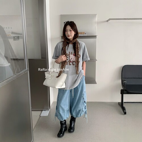 RARA STYLE2026秋季韩版卡通kitty猫印花宽松百搭磨毛圆领短袖T恤