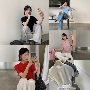 元熙2026春季韩版新款简约百搭显瘦修身弹力立领纯色短袖T恤女YX9