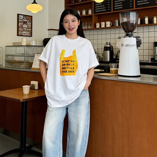 皇冠2026夏季韩版黄色塑料袋印花时髦百搭宽松全棉圆领短袖T恤女