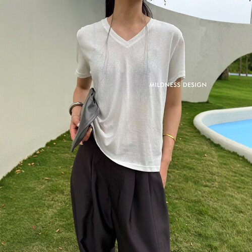 MILDNESS2026夏季韩版简约百搭清新竹节棉宽松显瘦休闲v领短袖T恤