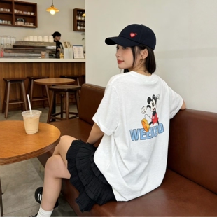 皇冠2026夏季韩版卡通米奇印花宽松慵懒风中长款竹节棉短袖T恤女