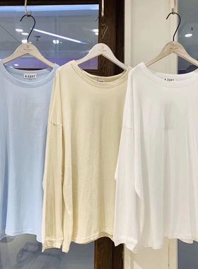 A.CEPT2025春季韩版洗水纯棉宽松显瘦中长款圆领长袖白色T恤女潮