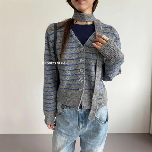 MILDNESS2026秋冬韩版ins时髦百搭气质条纹针织毛衣开衫小外套女