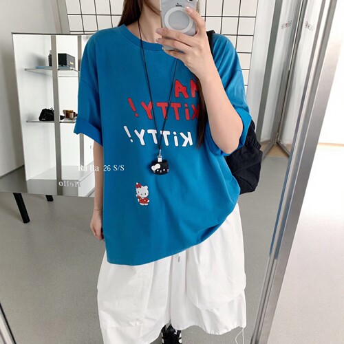 RARA 2026夏季韩版卡通凯蒂猫英文印花宽松时髦大版圆领短袖T恤女