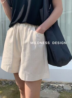 MILDNESS2026夏季韩版新款简约百搭松紧腰宽松时尚洗水棉休闲短款