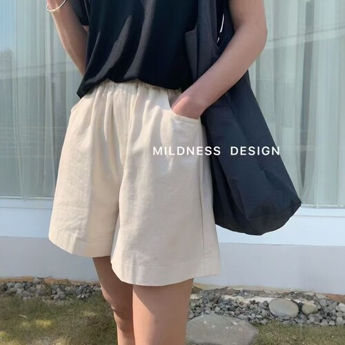 MILDNESS2026夏季韩版新款简约百搭松紧腰宽松时尚洗水棉休闲短款