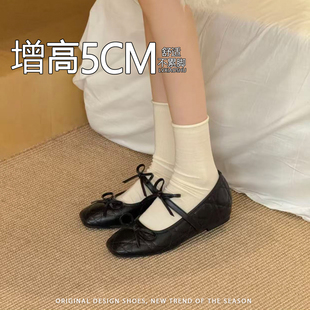 新款仙女风蝴蝶结玛丽珍鞋女内增高软底不累脚芭蕾舞鞋智性淑女鞋