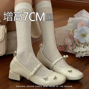 新款内增高温柔风蝴蝶结方头小皮鞋女小仙女百搭玛丽珍鞋久站不累