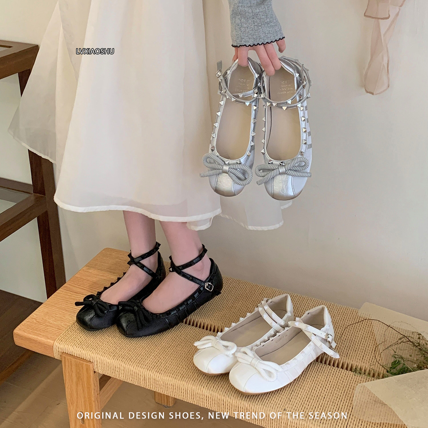 法式复古风铆钉芭蕾舞鞋女2026新款平底蝴蝶结软底浅口玛丽珍单鞋