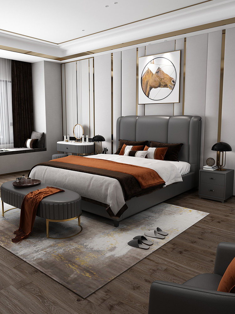 Italian minimalist leather bed 1.8 meters master bedroom double bed Nordic light luxury high-end soft bed modern minimalist wedding bed furniture