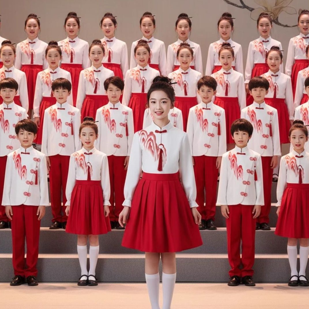 女童红色爱国合唱朗诵演出服图片