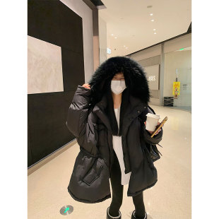 YKXIAO黑色大毛领羽绒服女中长款抽绳收腰宽松加厚鹅绒服冬季外套