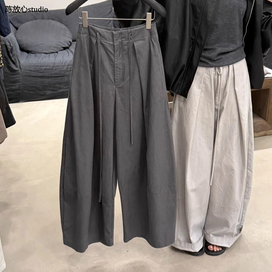 韩系chic褶皱抽绳阔腿休闲裤女宽松慵懒风春夏垂坠高级感百搭长裤