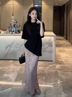韩系高级巨好看半身裙女夏2026新款今年流行高腰斜纹印花轻薄长裙