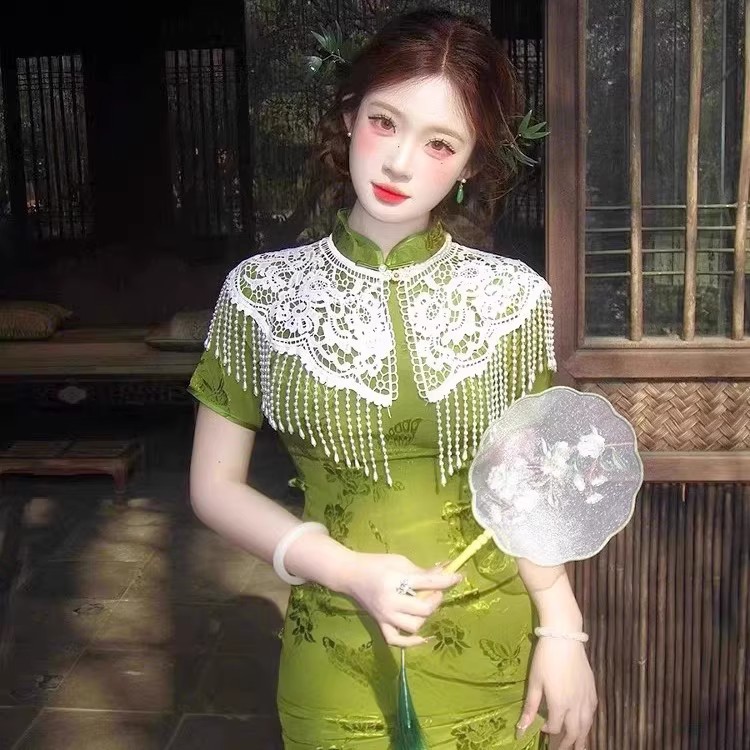 旗袍云肩新中式珍珠流苏披肩坎肩中国风汉服领子重工复古蕾丝