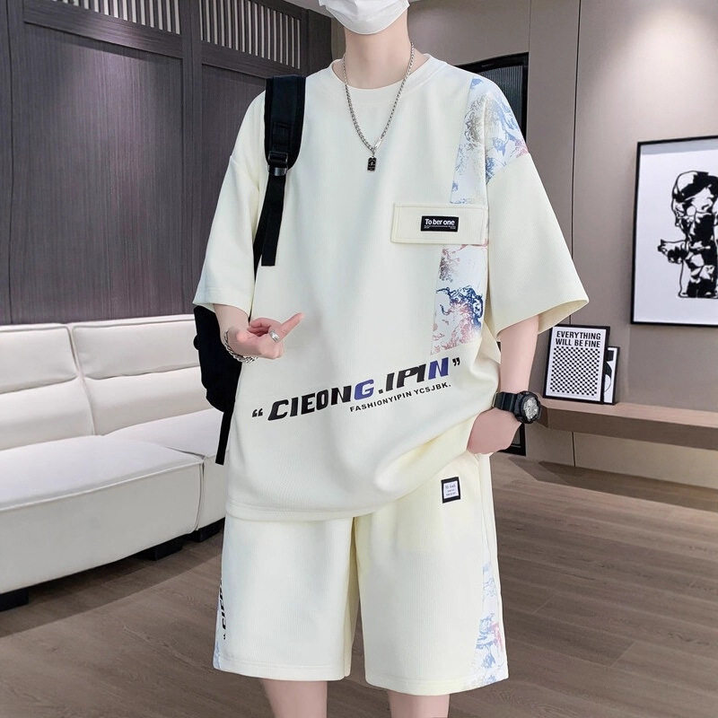 青少年休闲套装男生潮流帅气短袖短裤两件套宽松大码一整套穿搭潮