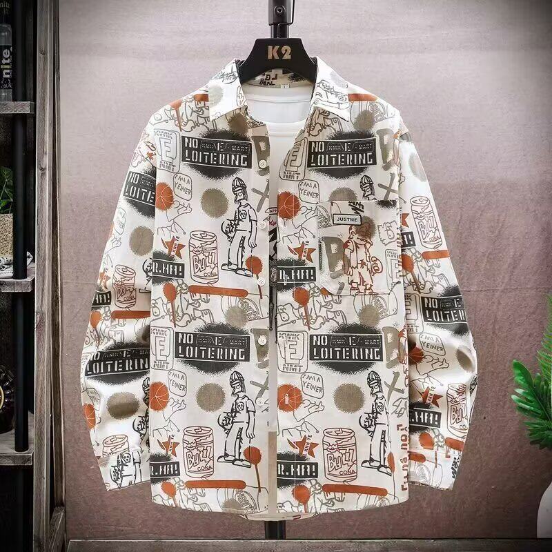 嘻哈印花衬衫长袖男潮流痞帅寸衫外套休闲春秋季新款男装个性衬衣