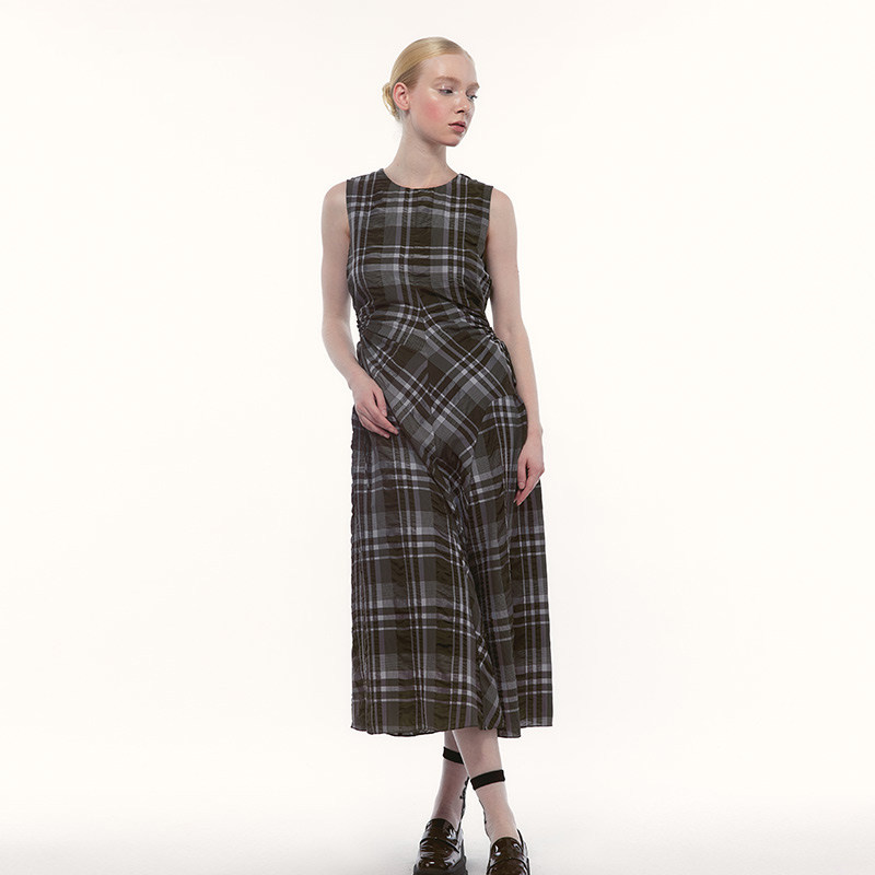 Eachway无袖格子捏褶a字连衣裙