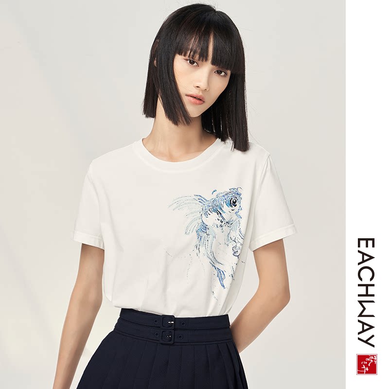 艺之卉 鱼跃龙门印花 新国潮环保长绒棉短袖t恤