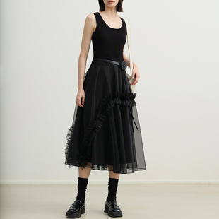 艺之卉商场同款 墨黑色优雅浪漫蕾丝背心裙连衣裙2025秋新款