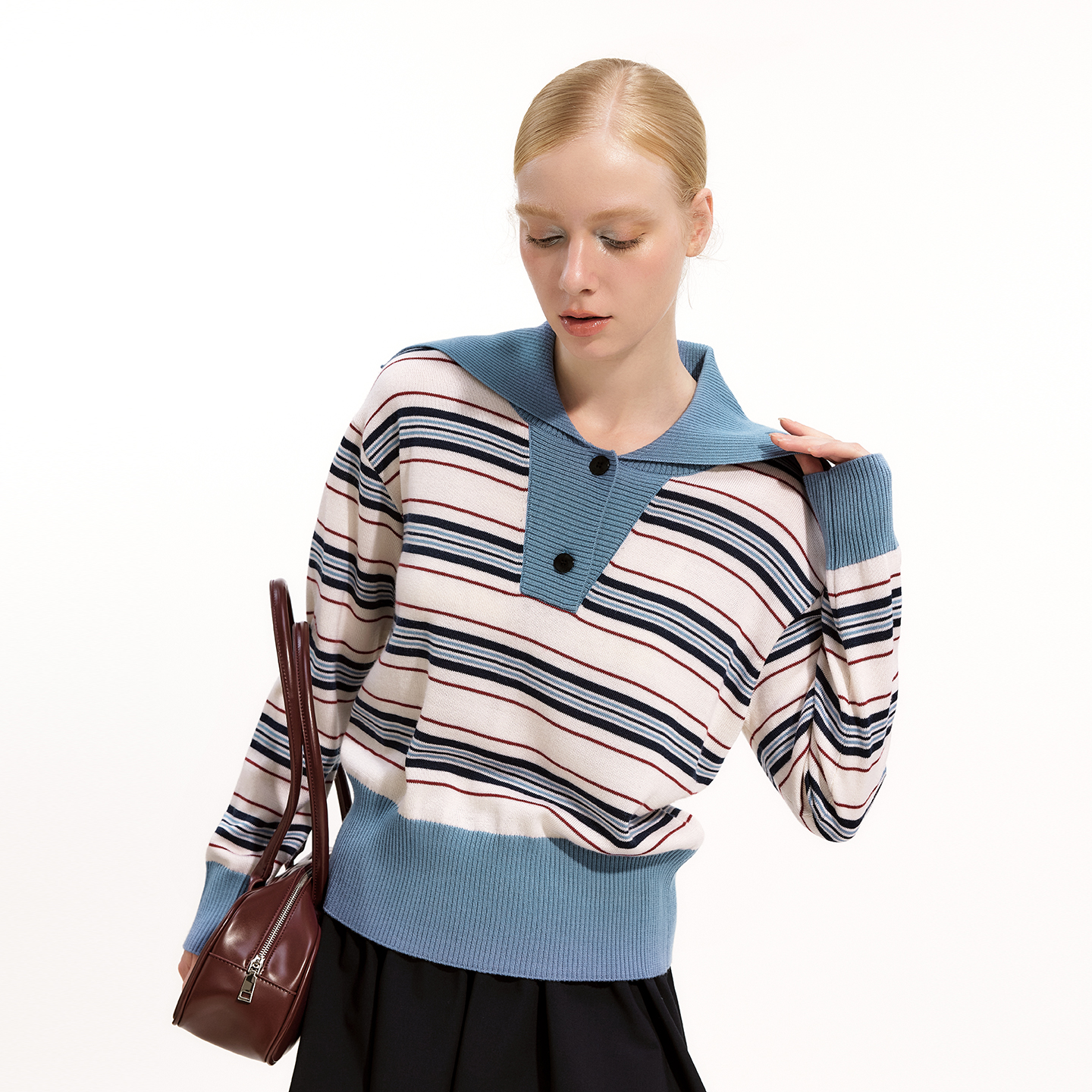 艺之卉活力知识分子海军风条纹学院套头针织衫羊毛衫2025秋新款