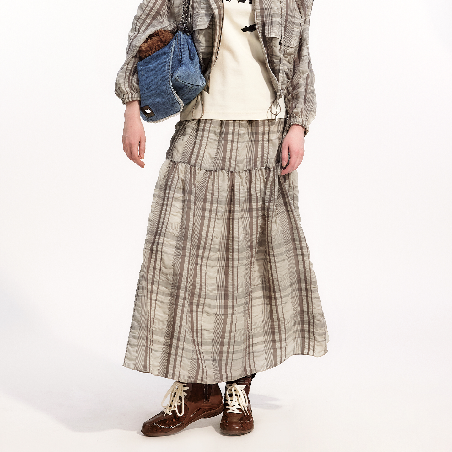 摩登格纹半身裙松紧腰舒适蛋糕裙