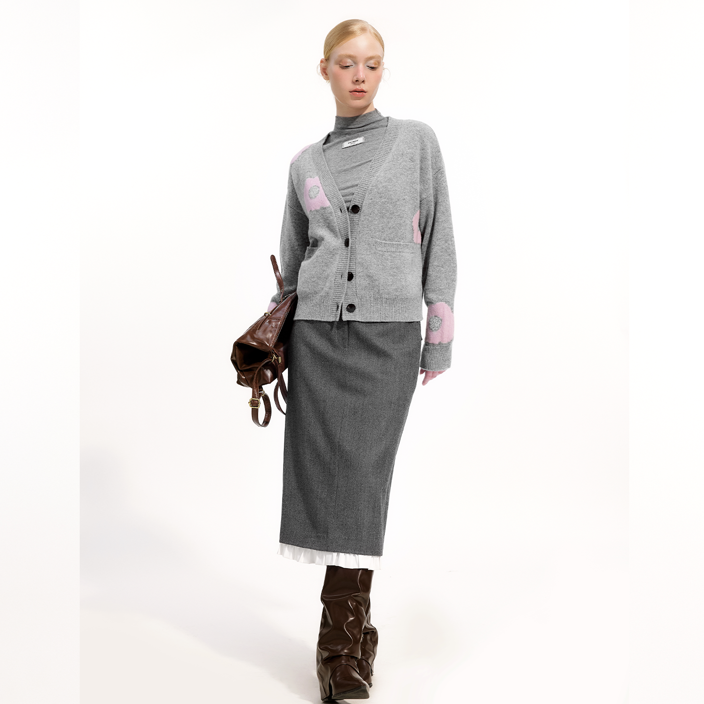 艺之卉得体高智宽灰色半身裙木耳边拼接半裙2025冬新款