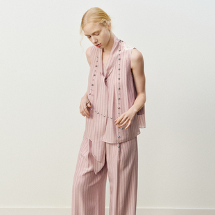 艺之卉粉彩风条纹蕾丝系带领新职人美学醋酸桑蚕丝上衣2026春夏