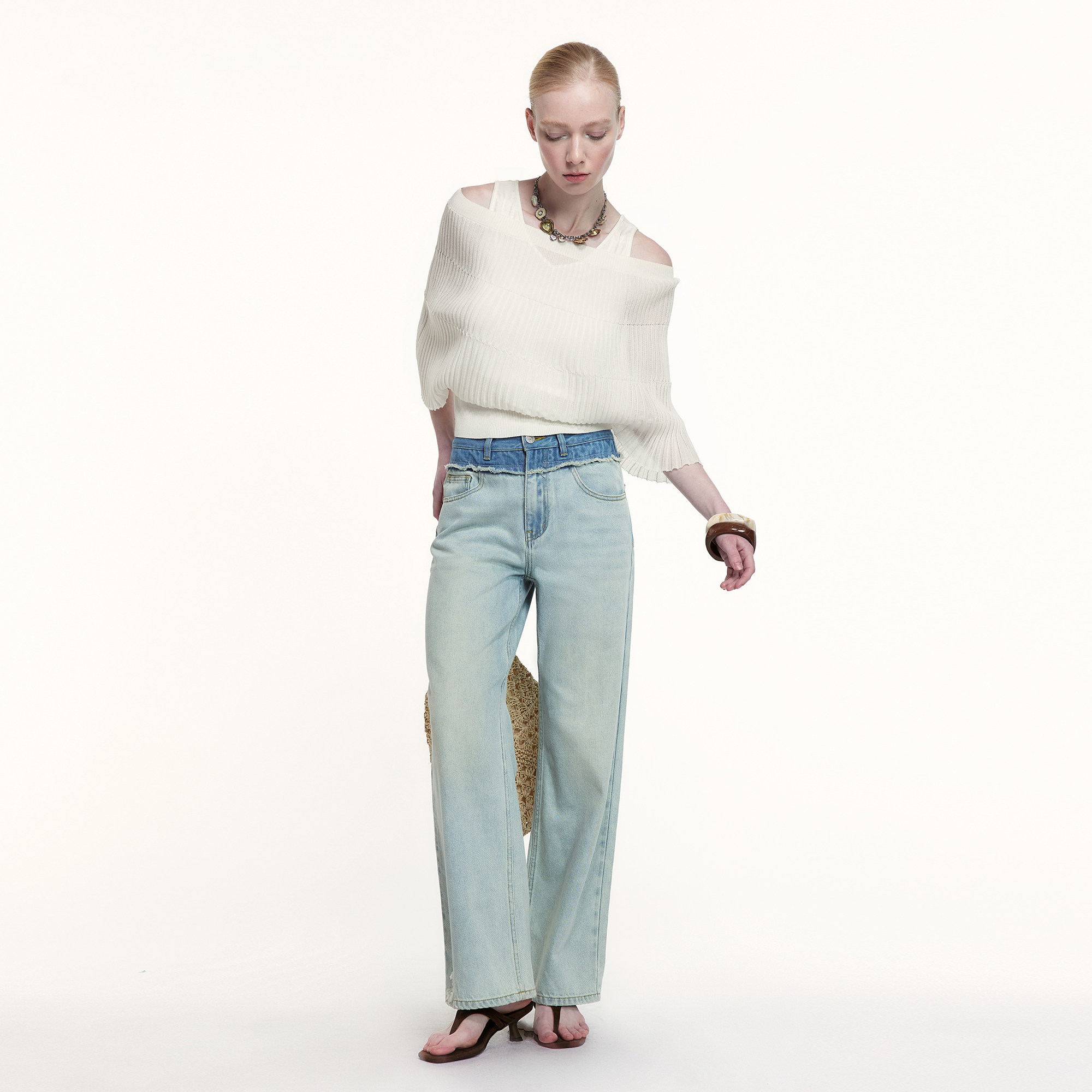 艺之卉拼接假两件牛仔裤