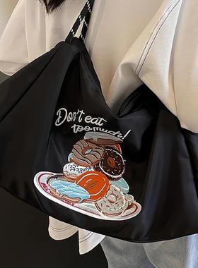 日本代购ball chain刺绣黑色单肩包女2025冬休闲帆布大容量托特包