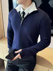 Stand Collar Color-Block Half-Zip Knit Sweater for Men, Long-Sleeved, New Autumn and Winter Business Casual Versatile Slim-Fit Sweater Jacket