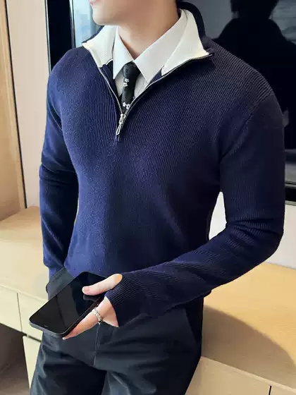 Stand Collar Color-Block Half-Zip Knit Sweater for Men, Long-Sleeved, New Autumn and Winter Business Casual Versatile Slim-Fit Sweater Jacket
