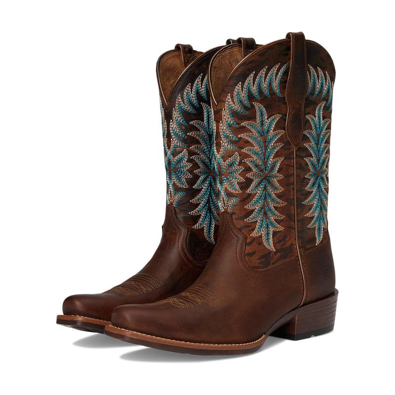 代购ARIAT女士牛仔靴轻便透气减震耐磨方形鞋头堆叠块跟五排缝线