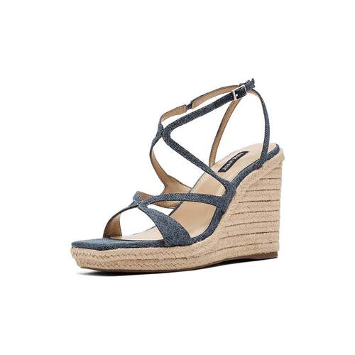 海外代购Nine West/玖熙女士休闲凉鞋透气舒适坡跟一字带