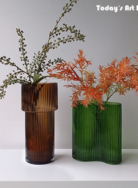 现代北欧条纹花瓶高款轻奢玻璃极简花器民宿餐桌客厅装饰插花摆件
