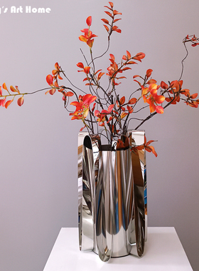 长枝小春叶现代中式书房插花禅意侘寂场景装饰餐厅仿真花红色秋叶